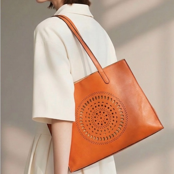 Neiman Marcus Handbags - Neiman Marcus Orange Laser Cut Medallion Tote
